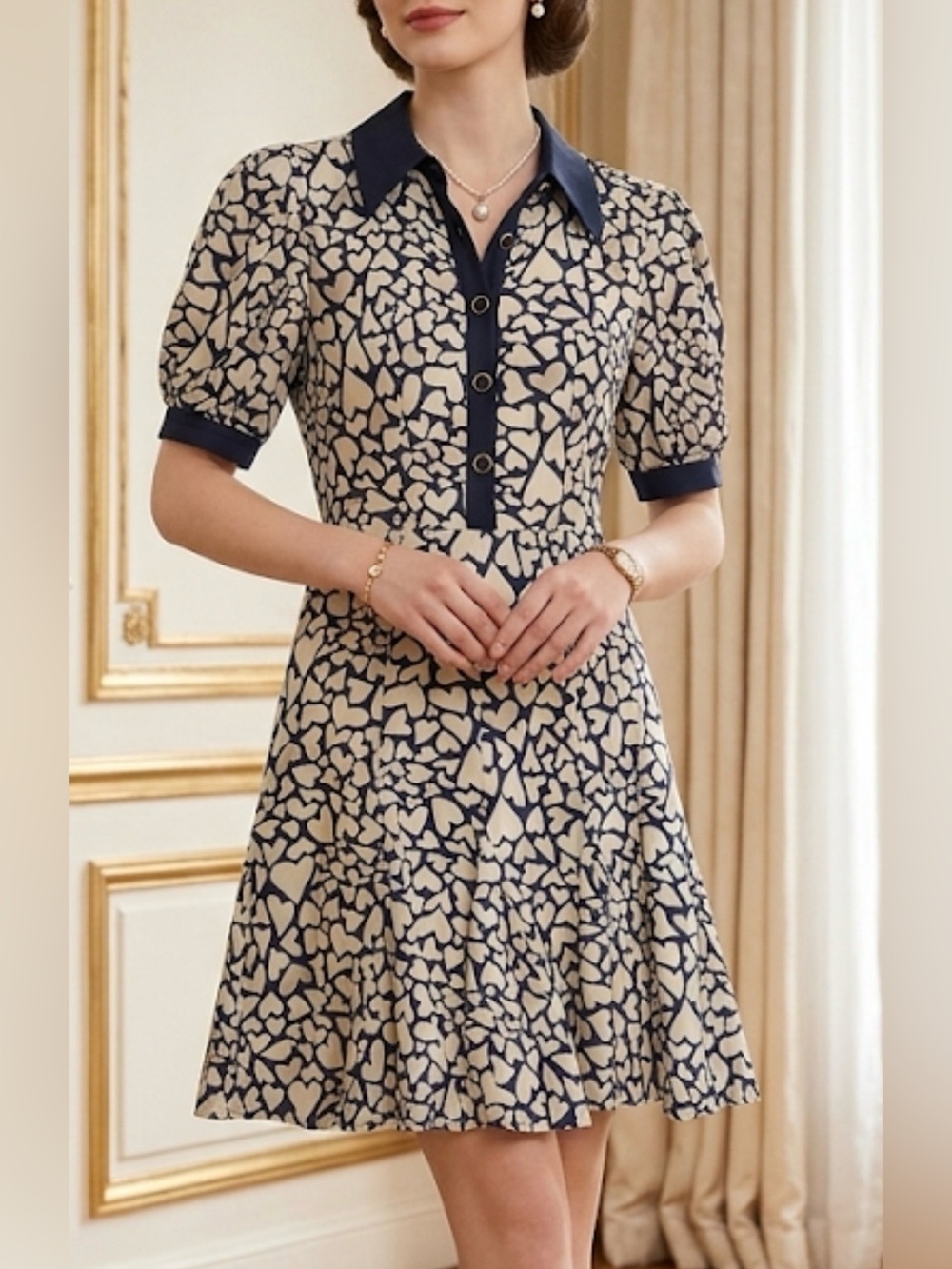 Mint Velvet Navy Heart Print Mini Dress Collared Puff Sleeve US 2 UK 6